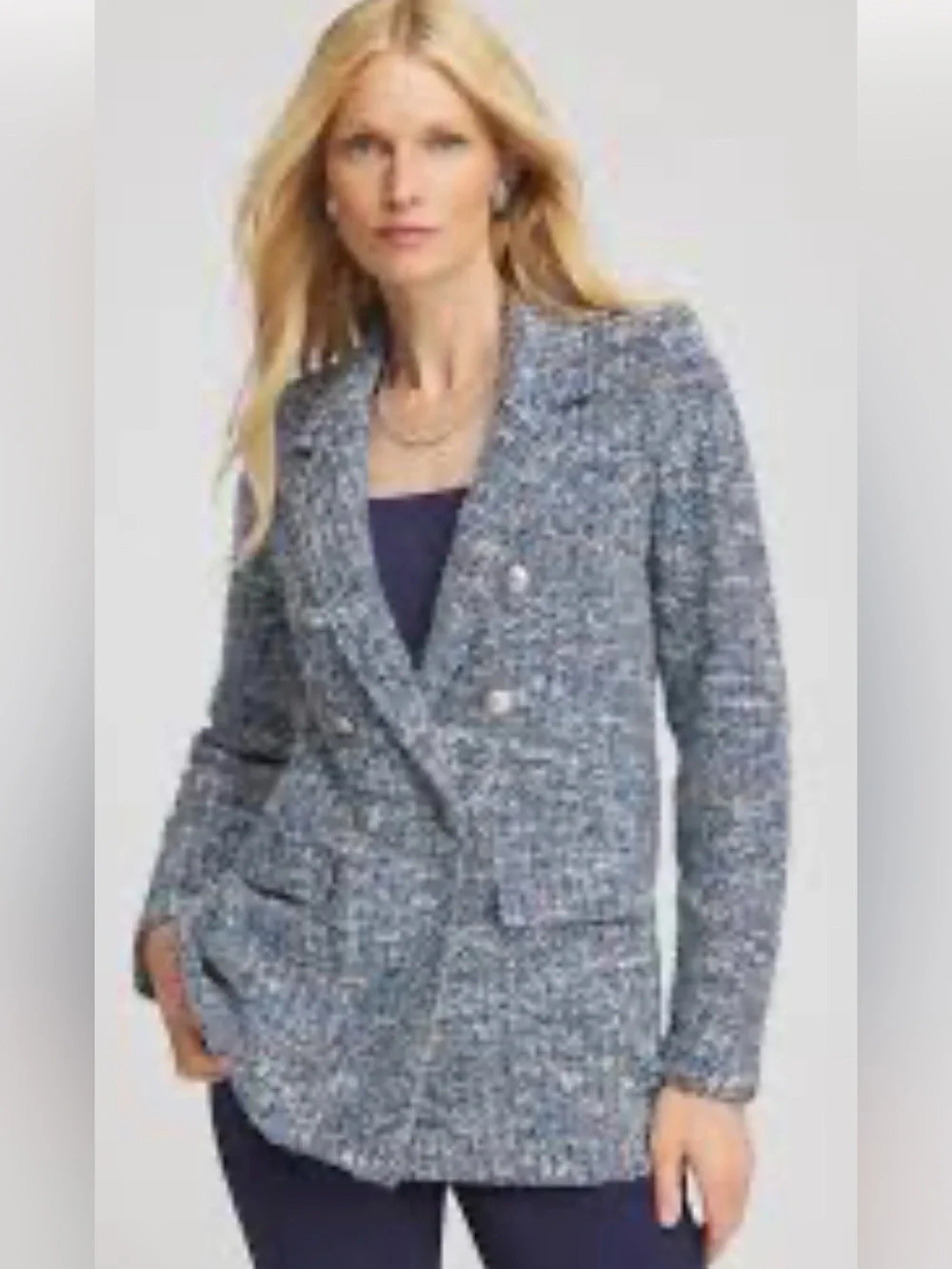 Chico's Tweed Sweater Jacket Light Denim Color 2 Pockets Double Breasted Large